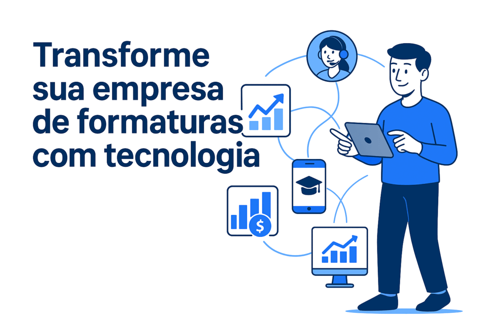 Ilustração digital em estilo flat com o título "Transforme sua empresa de formaturas com tecnologia", mostrando uma jovem empreendedora interagindo com ícones tecnológicos como gráficos, agenda e dispositivos móveis, representando inovação e organização na gestão de eventos.