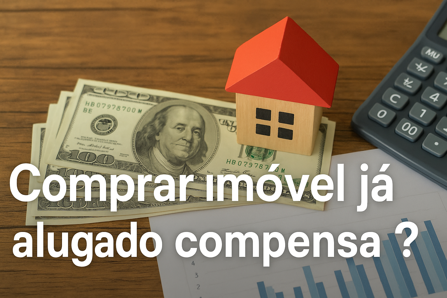 Banner ilustrativo com o título “Comprar imóvel já alugado compensa?” sobreposto a uma imagem de um contrato sendo assinado, representando investimento imobiliário.