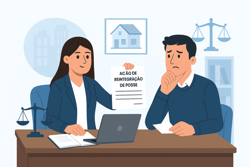Ilustração digital mostrando uma consulta jurídica relacionada à ação de reintegração de posse, com advogado e cliente discutindo documentos sobre a recuperação do imóvel.