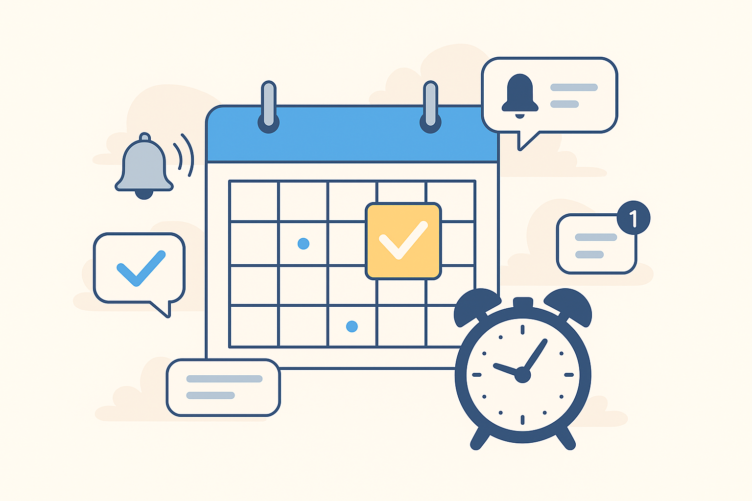 Ilustração horizontal em estilo flat mostrando um calendário com alertas e ícones de notificação ao redor, simbolizando lembretes automáticos para evitar faltas em agendamentos comerciais.