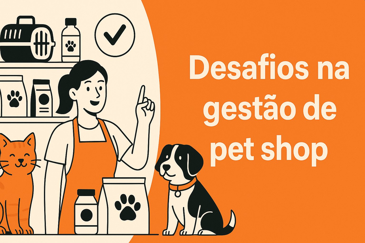 Ilustração digital em formato paisagem com o título “Desafios na gestão de pet shop”, mostrando um ambiente organizado com prateleiras de produtos, pets sendo atendidos e uma equipe usando tecnologia para controlar o negócio — representando visualmente os desafios e soluções na gestão de pet shops.