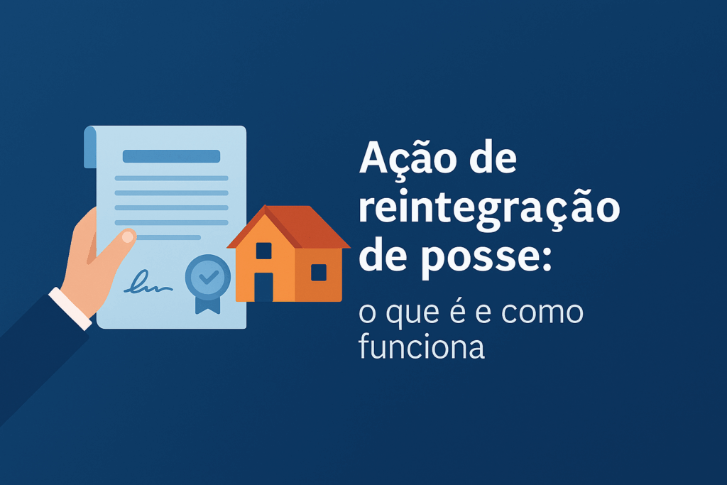 Ilustração digital horizontal representando uma ação de reintegração de posse, com casa, balança da justiça e documentos legais, simbolizando o processo de retomada do imóvel.