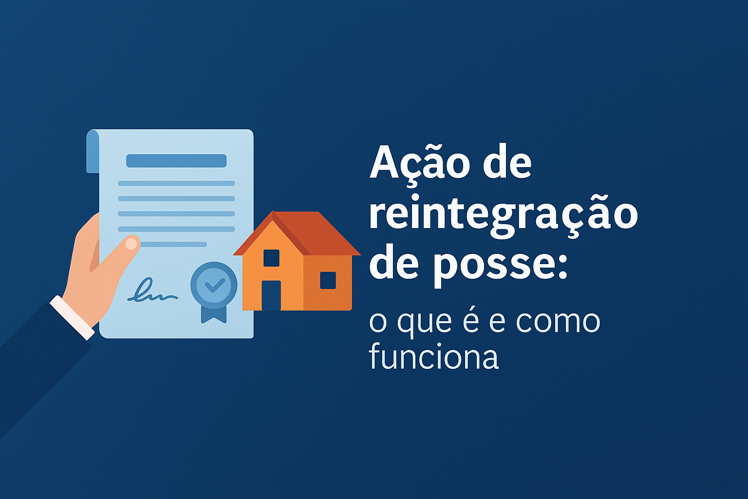 Ilustração digital horizontal representando uma ação de reintegração de posse, com casa, balança da justiça e documentos legais, simbolizando o processo de retomada do imóvel.