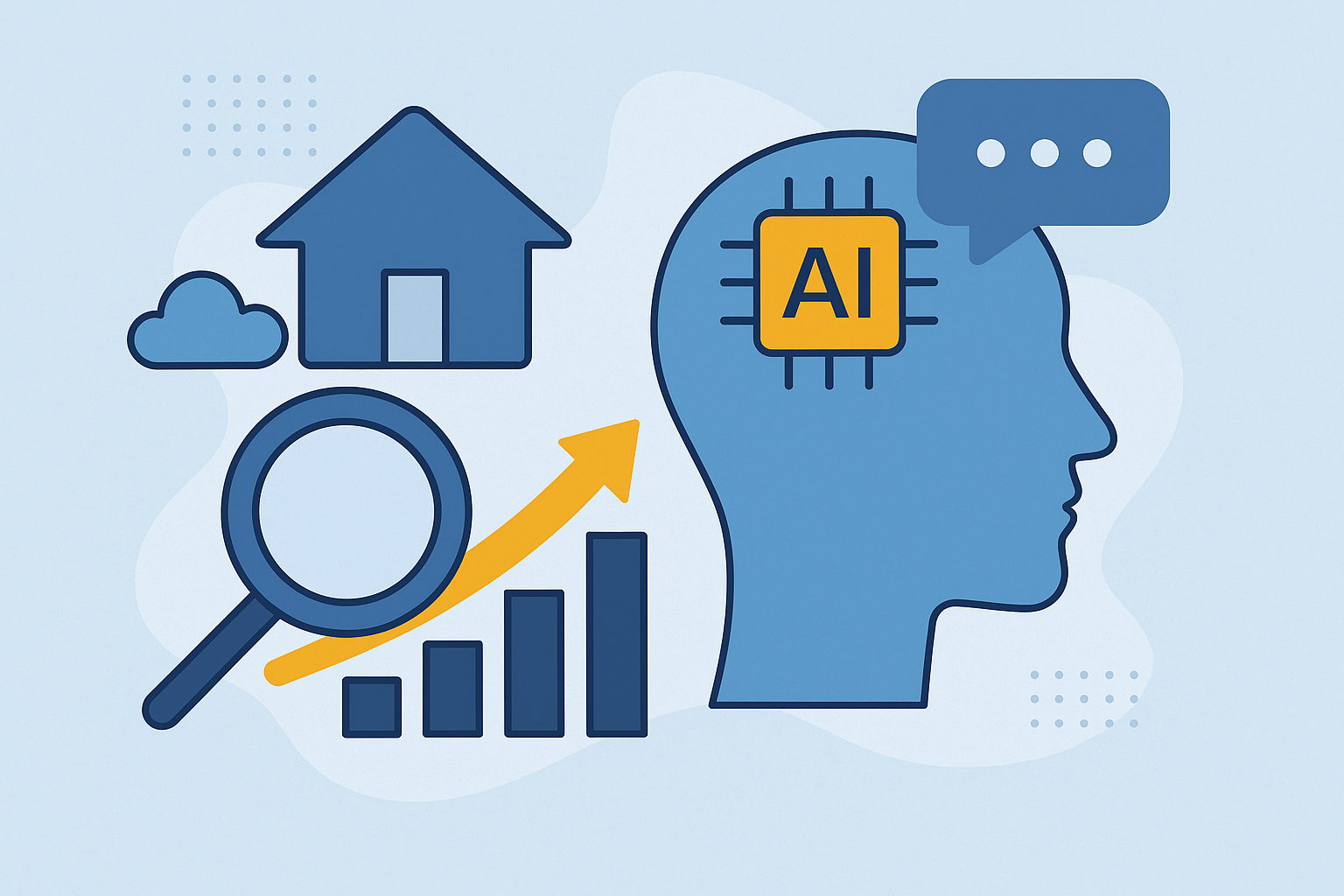Ilustração digital mostrando elementos visuais como uma cabeça com chip de IA, uma casa, gráfico de crescimento, lupa e balão de mensagem, representando como a inteligência artificial pode ajudar a vender mais imóveis por meio de análise de dados, automação e personalização no setor imobiliário.