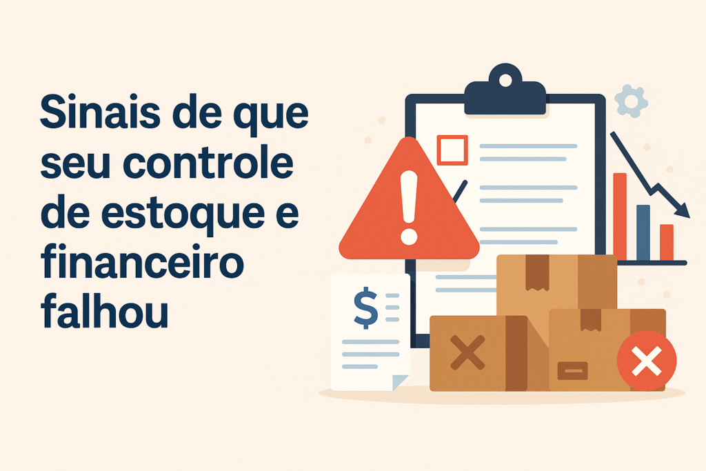 Ilustração horizontal em estilo flat com alerta visual de gestão desorganizada, representando sinais de que seu controle de estoque e financeiro falhou.