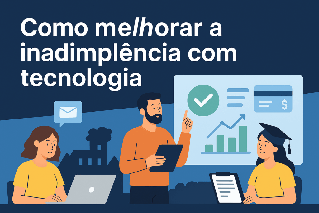 Ilustração digital em formato horizontal mostra elementos gráficos que representam boletos, gráficos de inadimplência e ícones de tecnologia, destacando o tema “Como melhorar a inadimplência com tecnologia” de forma visual e moderna, ideal para empresas de formatura.