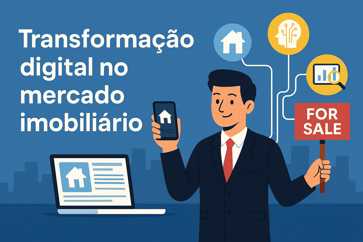 Ilustração digital sobre transformação digital no mercado imobiliário, com corretores utilizando tecnologia em tablets e computadores para apresentar imóveis, representando inovação, automação e modernização no setor.