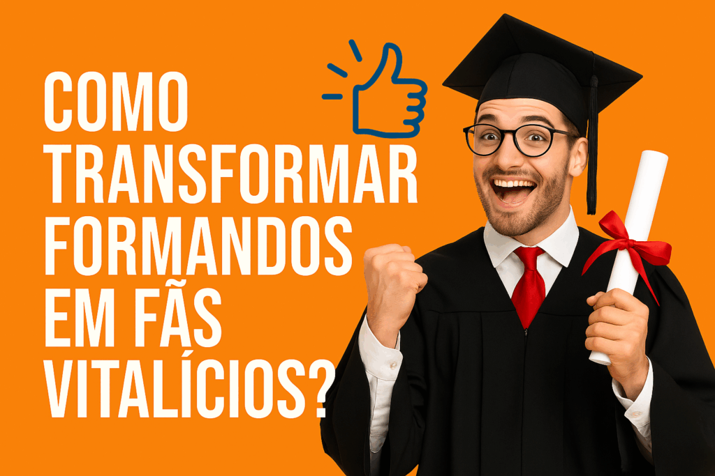 Imagem digital com design em 2D exibindo a frase “Como transformar formandos em fãs vitalícios” em letras grandes e chamativas. Ao fundo, elementos gráficos remetem ao universo de formaturas, como capelo (chapéu de formando), diploma e celebração. Ideal para ilustrar artigo sobre fidelização de clientes no setor de formaturas.