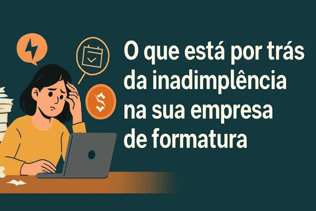 Imagem digital em formato paisagem com a frase “O que está por trás da inadimplência na sua empresa de formatura” ao lado de um homem estressado e um notebook ao fundo exibindo gráficos financeiros — representando a tensão gerada pela desorganização financeira no setor de formaturas.