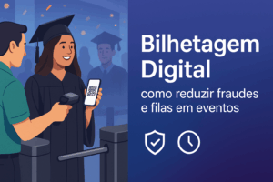 Bilhetagem Digital : graduanda mostra QR Code no celular para validação na portaria, representando redução de fraudes e filas.