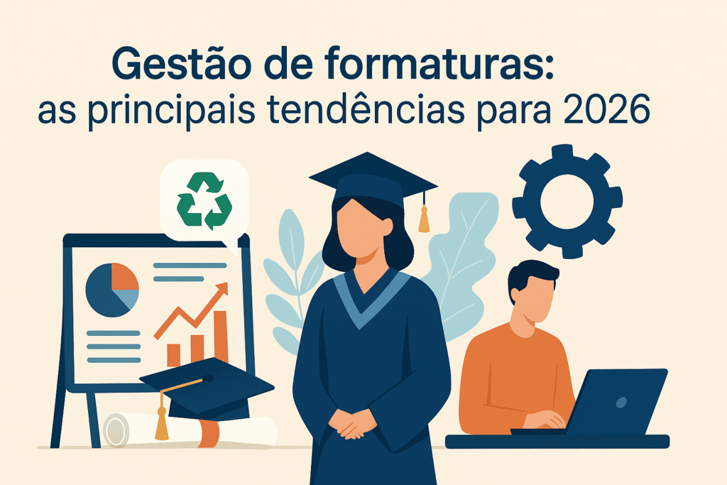 Ilustração representando a Gestão de formaturas, com formandos em becas, gráficos de desempenho e elementos tecnológicos que simbolizam inovação e tendências para 2026.