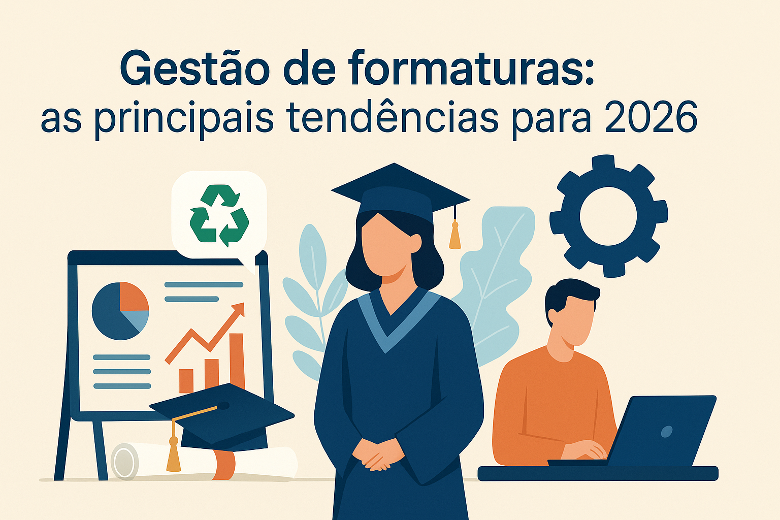 Ilustração representando a Gestão de formaturas, com formandos em becas, gráficos de desempenho e elementos tecnológicos que simbolizam inovação e tendências para 2026.