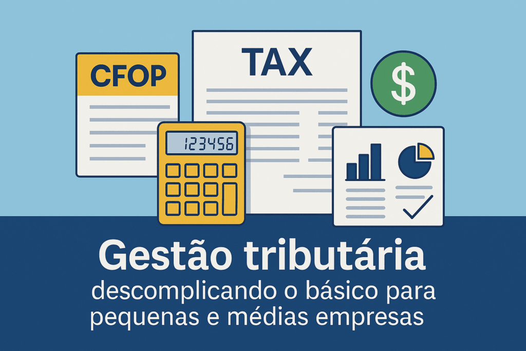 Ilustração de gestão tributária com empresários analisando notas fiscais e gráficos em um ambiente corporativo moderno, simbolizando organização e controle fiscal.