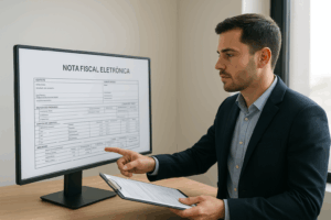Corretor ou gestor fiscal analisando notas fiscais eletrônicas em um sistema digital, representando a mudança da NFC-e para NF-e em operações entre CNPJs. gere a imagem