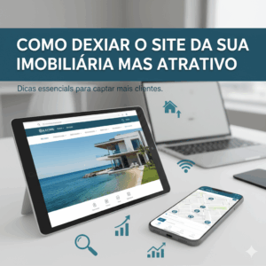 Site imobiliário em tablet e celular com o título