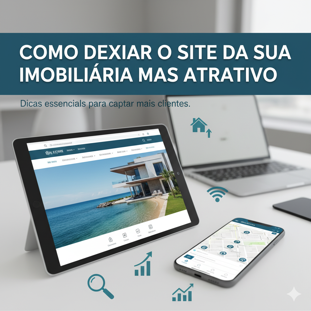 Site imobiliário em tablet e celular com o título