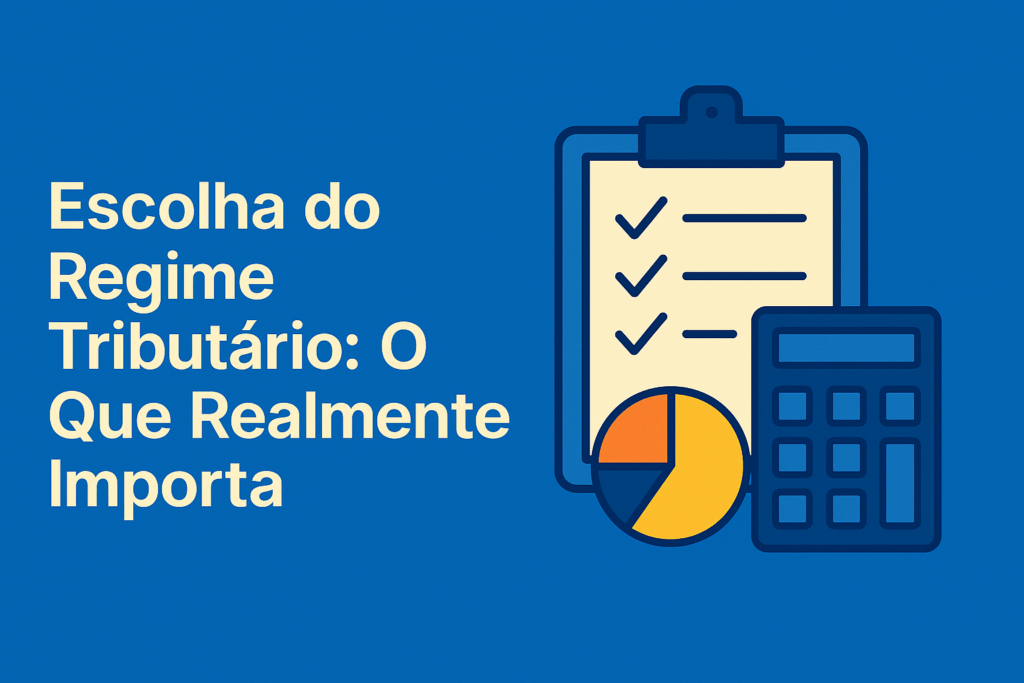 Capa do artigo sobre a escolha do regime tributário com título em destaque e ícones de cálculo e checklist.