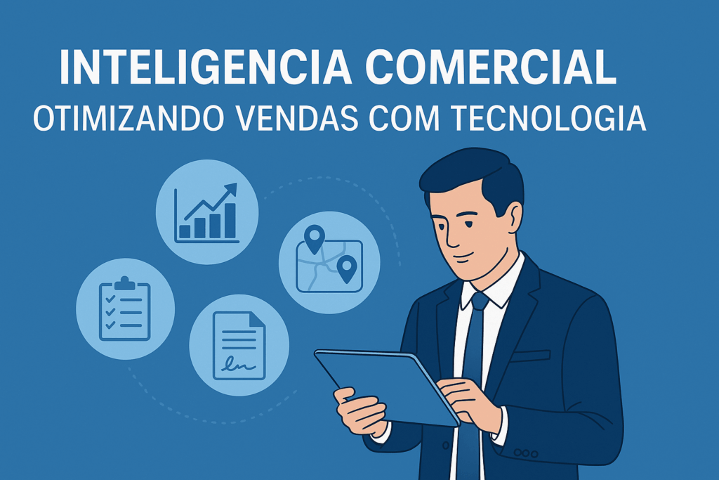 Capa do artigo “Inteligência Comercial: Otimizando Vendas com Tecnologia”, com gestor usando notebook e ícones de gráficos, rotas e assinatura eletrônica.