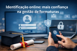 “Imagem horizontal representando identificação online na gestão de formaturas, com foco em segurança digital, organização e confiança.”