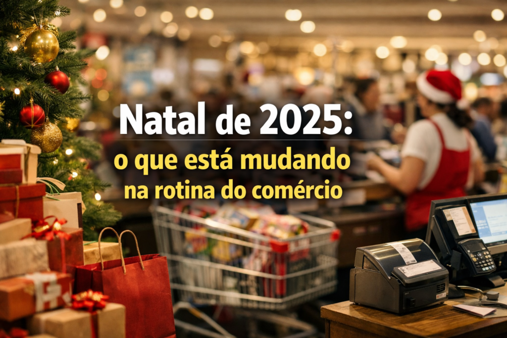 Imagem horizontal representando o Natal de 2025 no comércio, com loja movimentada e foco na rotina intensa e na gestão do dia a dia.