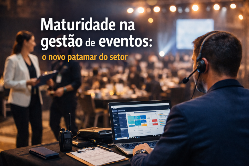 “Imagem de capa representando a maturidade na gestão de eventos, com foco em organização, planejamento e evolução do setor.”