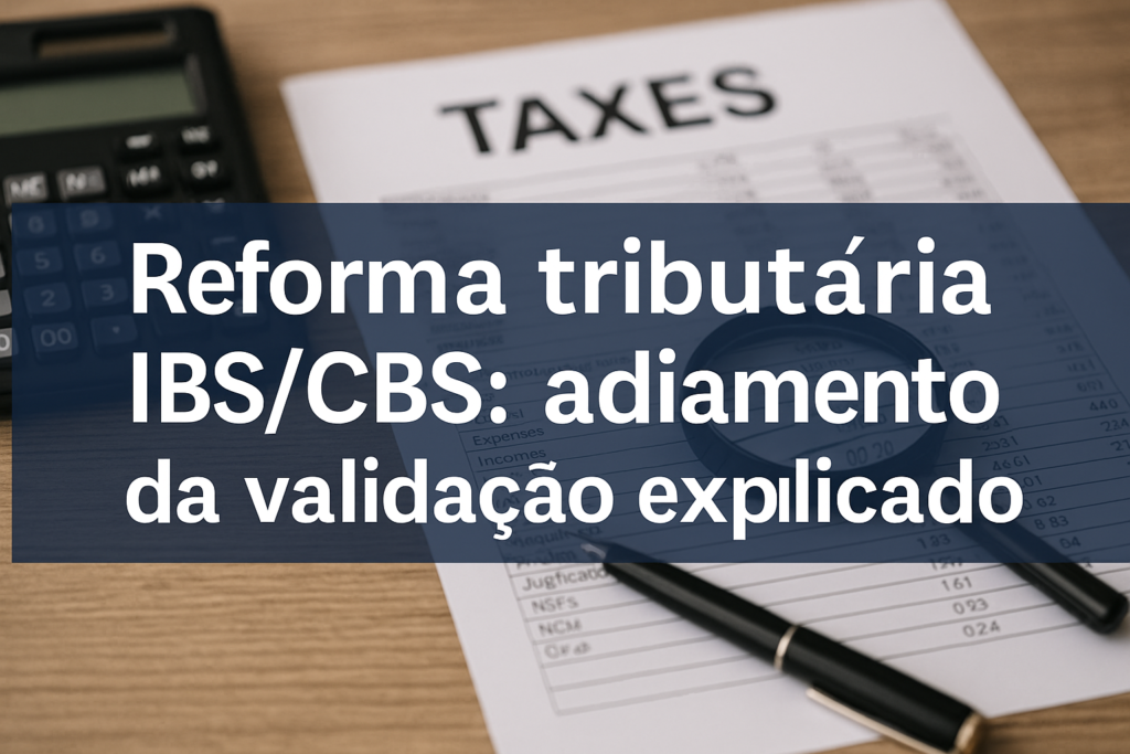 Imagem horizontal ilustrando documentos fiscais, gráficos e calculadora sobre mesa, representando a Reforma tributária IBS/CBS e o impacto do adiamento da validação.