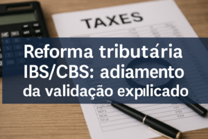 Imagem horizontal ilustrando documentos fiscais, gráficos e calculadora sobre mesa, representando a Reforma tributária IBS/CBS e o impacto do adiamento da validação.