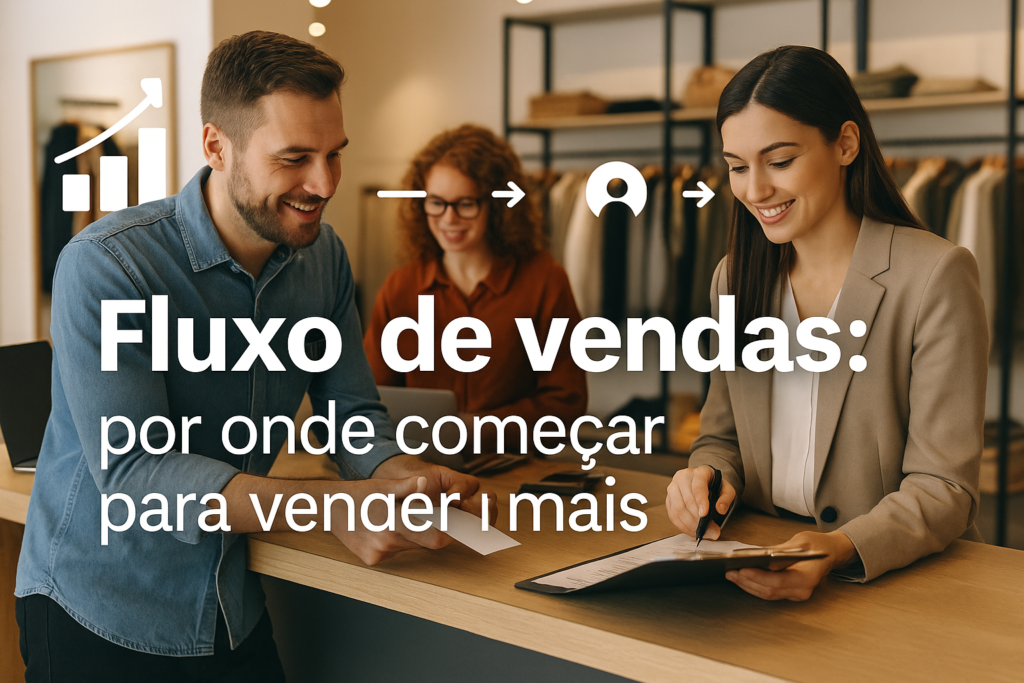 Imagem horizontal representando o fluxo de vendas em uma loja, com destaque para organização e etapas que ajudam a vender mais.