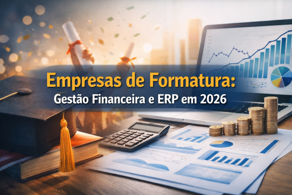 Imagem de capa com o título “Empresas de Formatura: Gestão Financeira e ERP em 2026”, mostrando uma mesa de trabalho com notebook exibindo gráficos financeiros, pilhas de moedas, calculadora e documentos, ao lado de símbolos de formatura, representando controle financeiro, planejamento e crescimento empresarial.