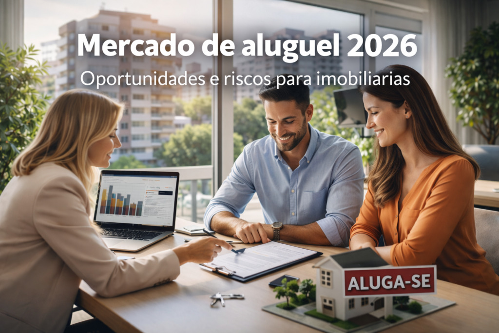 Mercado de aluguel 2026 ilustrado por corretores analisando contrato de locação em escritório moderno, com maquete de imóvel e placa “Aluga-se” sobre a mesa.