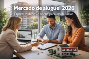 Mercado de aluguel 2026 ilustrado por corretores analisando contrato de locação em escritório moderno, com maquete de imóvel e placa “Aluga-se” sobre a mesa.