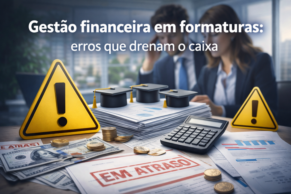 Gestão financeira em formaturas ilustrada por gestor analisando relatórios financeiros e contratos em escritório, com gráficos e documentos sobre a mesa.
