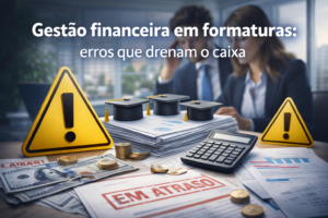 Gestão financeira em formaturas ilustrada por gestor analisando relatórios financeiros e contratos em escritório, com gráficos e documentos sobre a mesa.