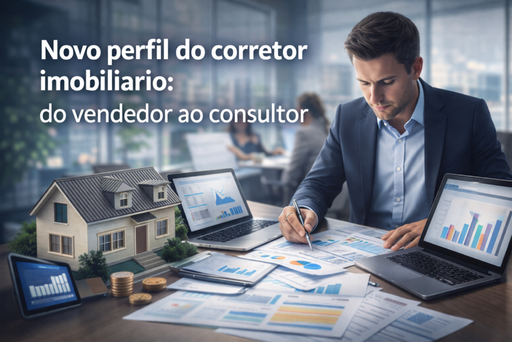 Novo perfil do corretor imobiliario ilustrado por corretor analisando dados e imóveis em ambiente moderno, representando a transição do vendedor para consultor estratégico.