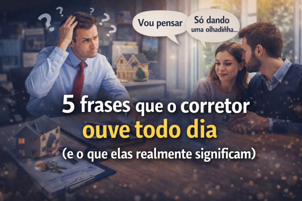Imagem de capa para blog imobiliário com o título “5 frases que o corretor ouve todo dia (e o que elas realmente significam)”, mostrando um corretor com expressão confusa em um escritório imobiliário enquanto um casal conversa, representando situações comuns do atendimento imobiliário.