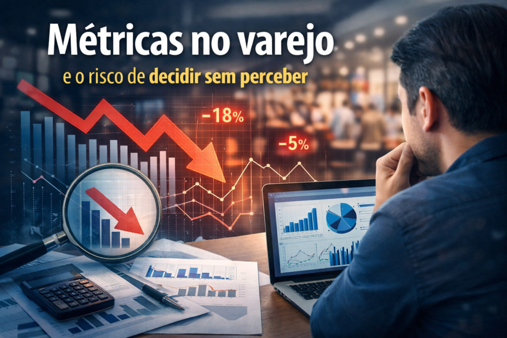 “Gráfico de desempenho e indicadores do varejo representando métricas no varejo e o risco de tomar decisões sem dados.”