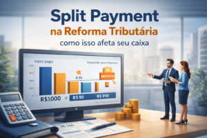 Split Payment na Reforma Tributária ilustrado por painel financeiro mostrando valor separado para impostos e impacto no caixa da empresa.