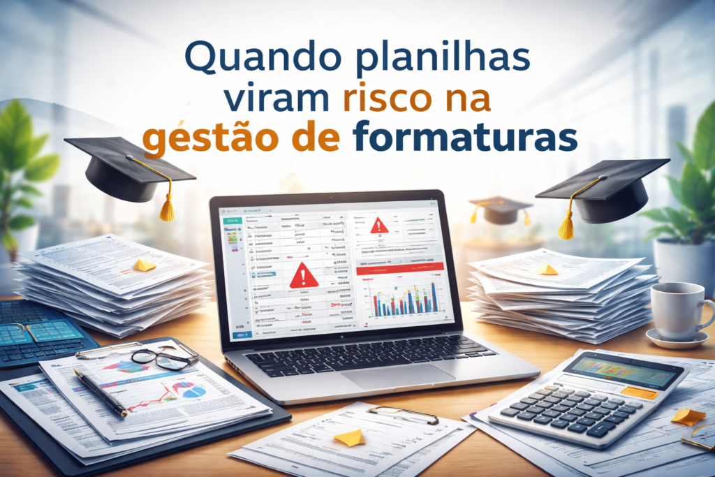 Quando planilhas viram risco na gestão de formaturas, ilustrado por laptop com planilhas de alerta, documentos acumulados e símbolos de formatura.