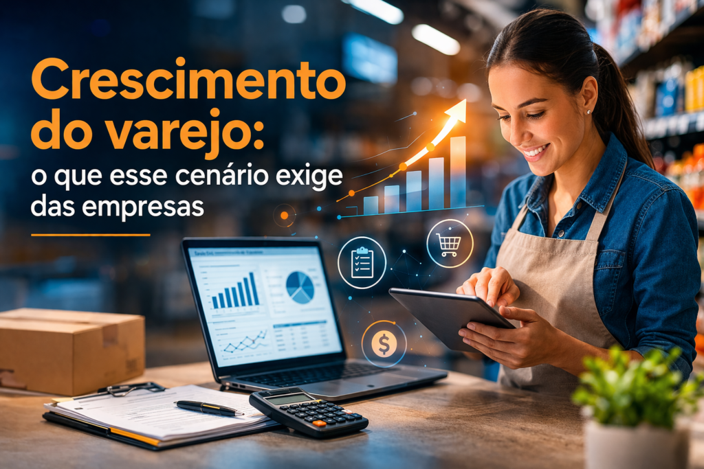 “Profissional do varejo analisando dados em notebook em ambiente de loja, com gráfico de crescimento ao fundo, representando crescimento do varejo e gestão empresarial.”