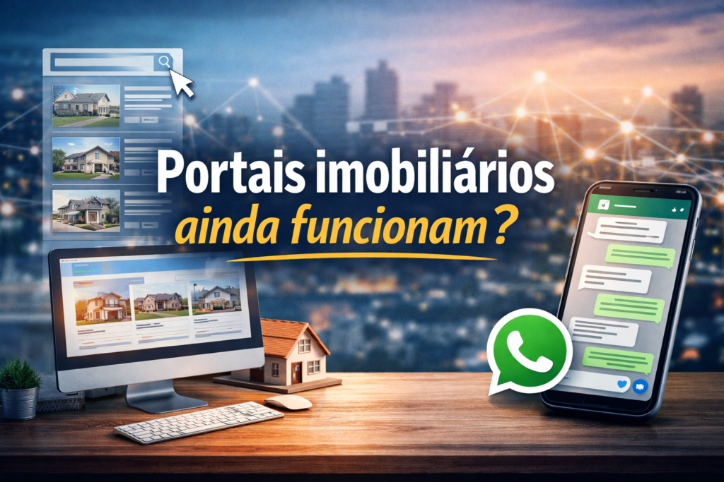 Ilustração de portais imobiliários em computador e anúncios de imóveis, ao lado de smartphone com conversa no WhatsApp, representando canais digitais de venda imobiliária.