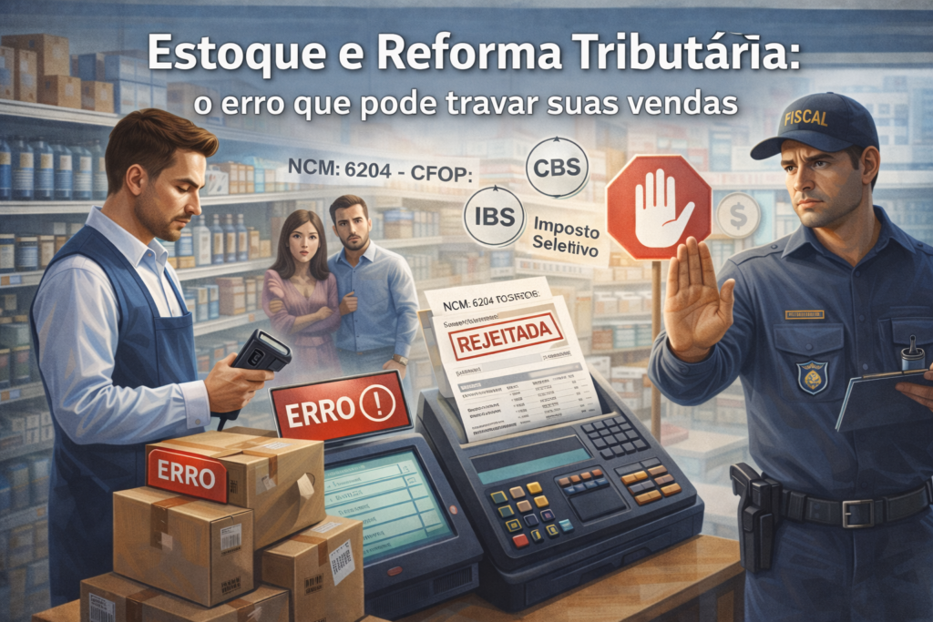 Ilustração de loja com erro na emissão de nota fiscal devido a cadastro incorreto de produto, destacando o impacto do estoque na Reforma Tributária e nas vendas do varejo.