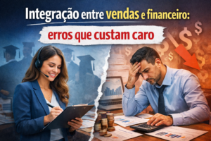 Ilustração representando a integração entre vendas e financeiro, mostrando profissional do comercial e gestor analisando dados financeiros e gráficos que indicam erros que podem gerar prejuízo.