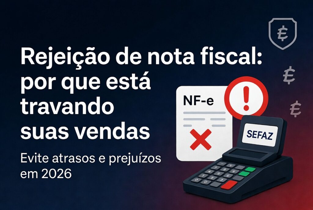Rejeição de nota fiscal: ilustração mostra uma nota fiscal sendo rejeitada pela SEFAZ com símbolo de erro vermelho, ao lado de uma máquina de cartão, representando como a rejeição de nota fiscal está travando as vendas em 2026.