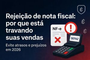 Rejeição de nota fiscal: ilustração mostra uma nota fiscal sendo rejeitada pela SEFAZ com símbolo de erro vermelho, ao lado de uma máquina de cartão, representando como a rejeição de nota fiscal está travando as vendas em 2026.