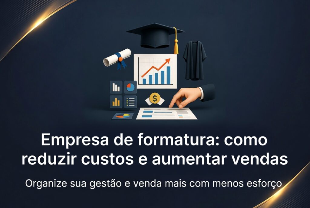 Empresa de formatura: como reduzir custos e aumentar vendas. Ilustração mostra elementos de formatura como capelo, toga e diploma ao lado de gráficos de crescimento de vendas, moedas e documentos financeiros, representando como organizar a gestão ajuda a reduzir custos e vender mais com menos esforço.