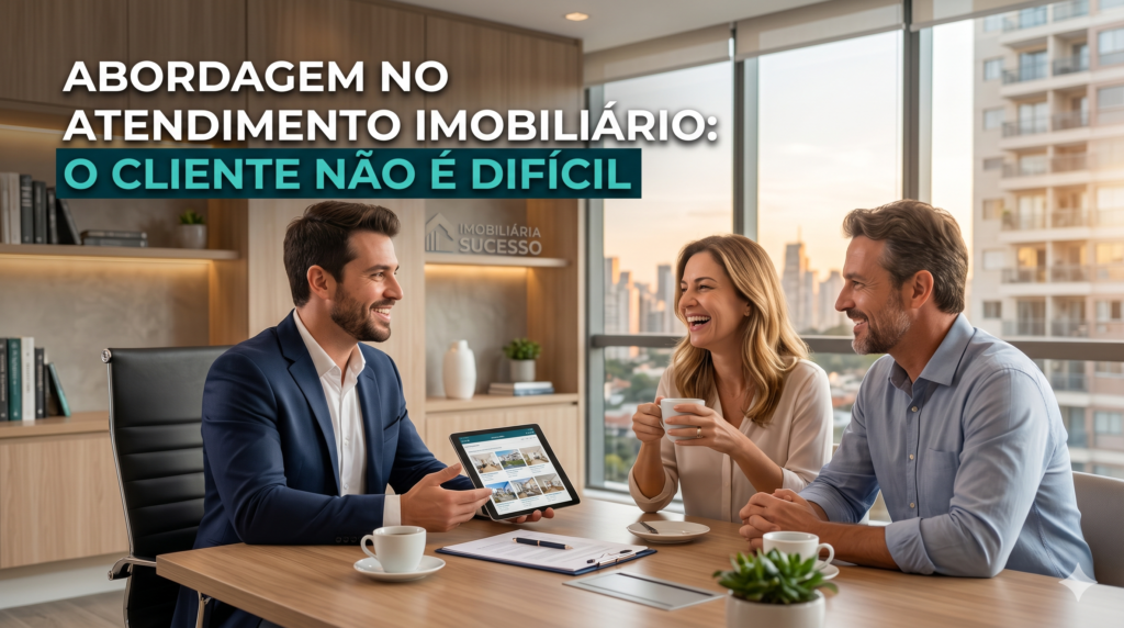 “Capa do artigo ‘Abordagem no atendimento imobiliário: o cliente não é difícil’, mostrando corretora de imóveis conversando com cliente em escritório moderno, com notebook exibindo plantas de imóveis sobre a mesa, representando atendimento consultivo e empático.”