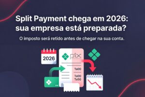 dividida automaticamente, com o valor líquido indo para a conta da empresa e o imposto sendo retido diretamente pelo governo, representando o impacto do Split Payment no fluxo de caixa a partir de 2026.