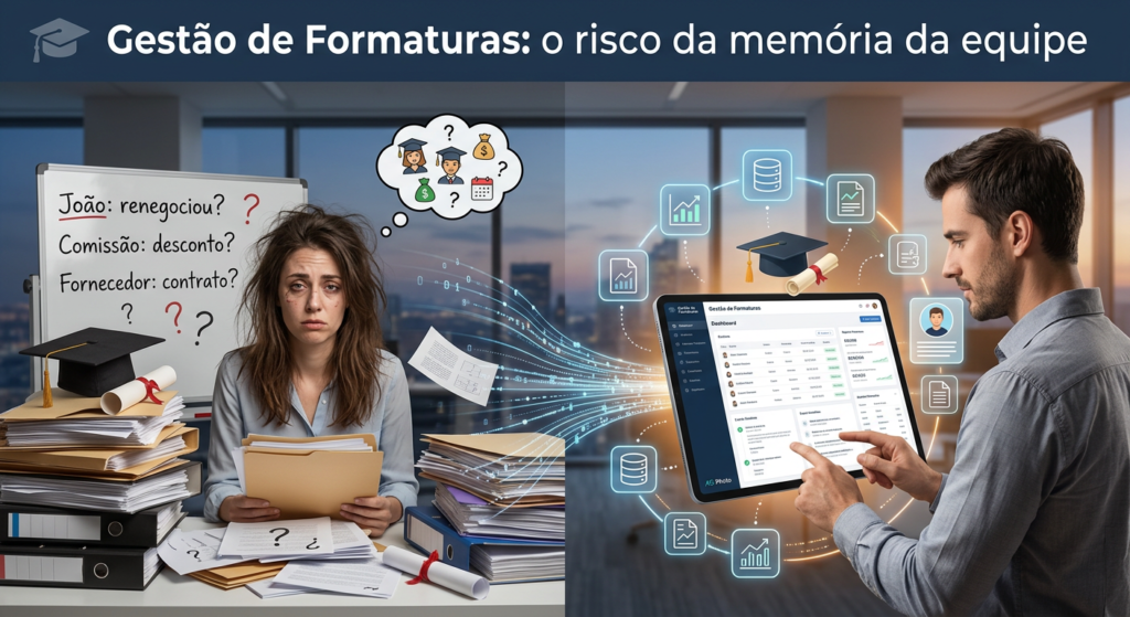 “Gestão de formaturas: ilustração mostrando equipe sobrecarregada com papéis de um lado e, do outro, sistema digital centralizando informações e reduzindo dependência da memória.”