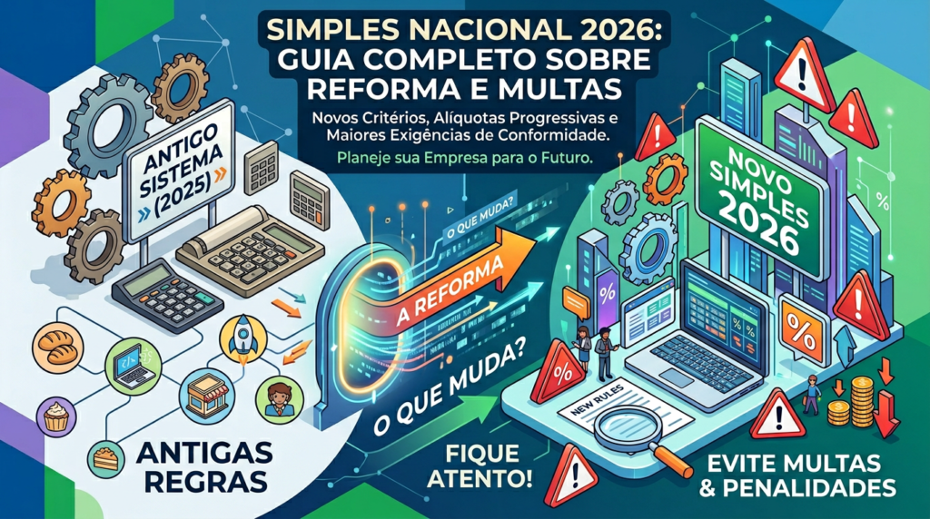 “Capa ilustrada sobre ‘Simples Nacional 2026’, mostrando à esquerda o antigo sistema de 2025 com calculadora, engrenagens e ícones de pequenos negócios, ao centro uma seta laranja com a palavra ‘A reforma’ atravessando um portal com a pergunta ‘O que muda?’, e à direita o ‘Novo Simples 2026’ com laptop, prédios, ícones de alerta e moedas empilhadas, destacando a mensagem ‘Evite multas e penalidades’.”