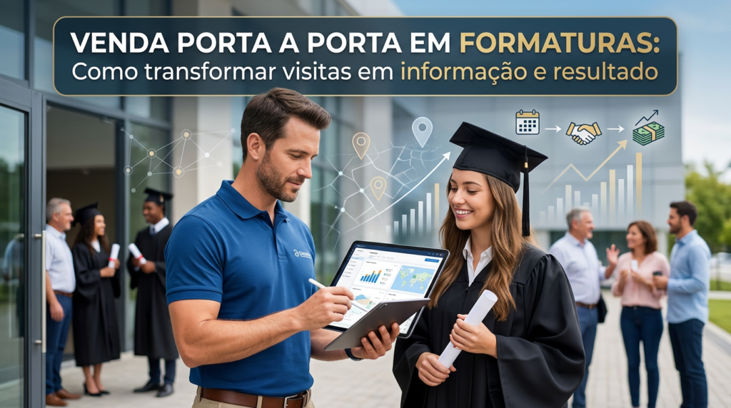 Equipe de vendas porta a porta em formaturas visitando uma sala de aula, com tablets ou celulares em mãos, registrando contratos em tempo real, enquanto o gestor acompanha os resultados em um painel de dados ao fundo.